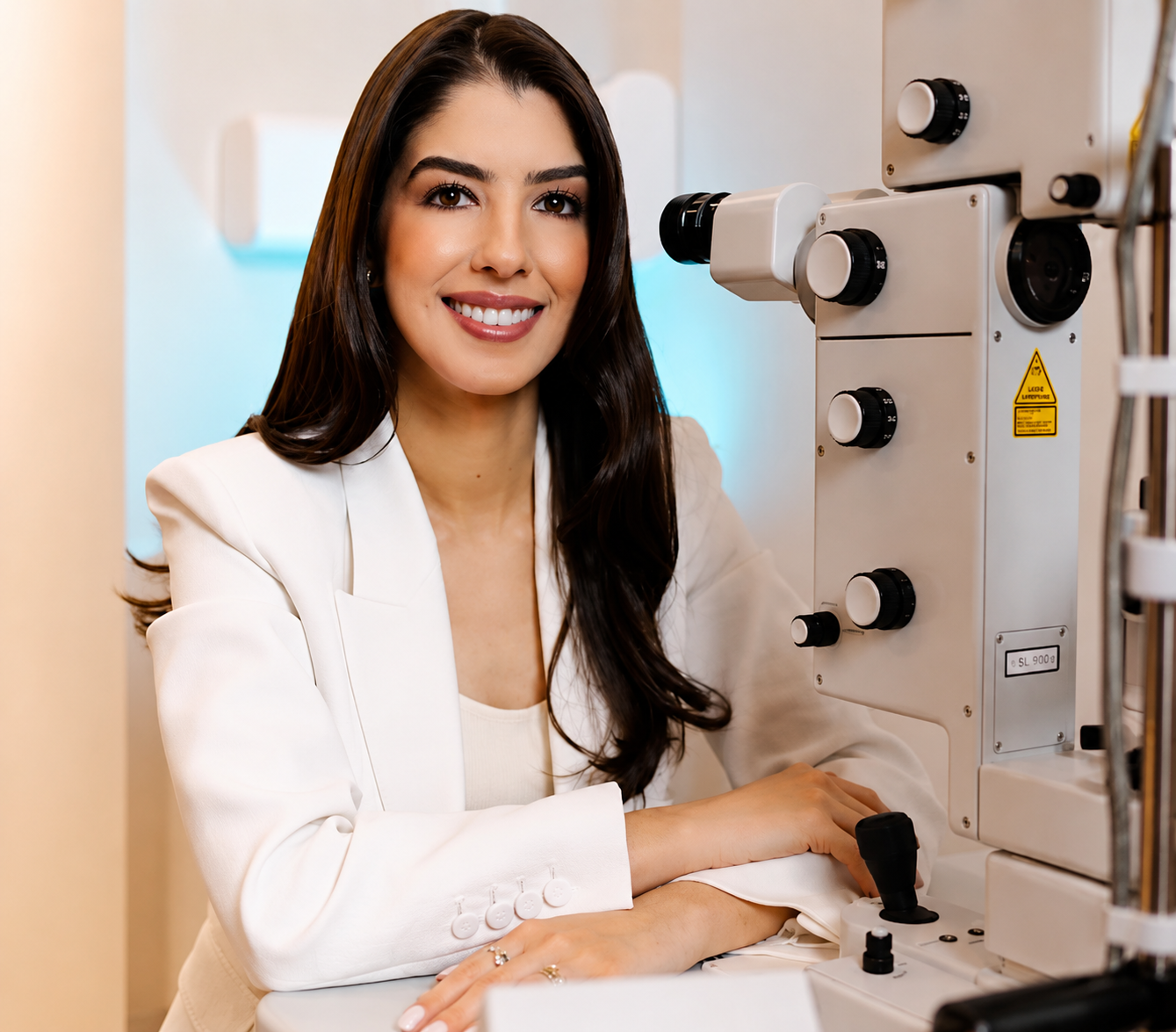 Dra. Caroline Alves no consultório oftalmológico da DUO com equipamento de diagnóstico